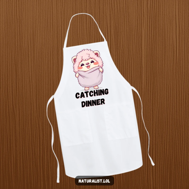 Funny apron with a cheerful creature holding a butterfly net, adding humor and readiness to the kitchen, a practical funny gift.