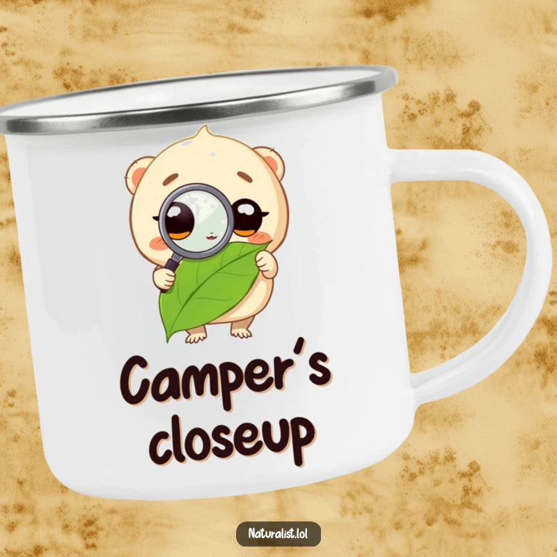 Funny camping mug of a round creature with wide eyes using a magnifying glass on a leaf, ready for outdoor exploration, a unique funny gift.