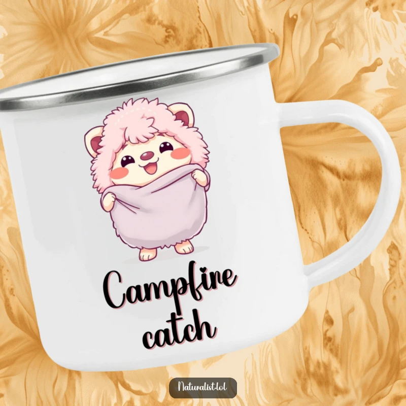 Funny camping mug with a smiling fluffy creature holding a butterfly net, perfect for outdoor fun and laughter, a memorable funny gift.