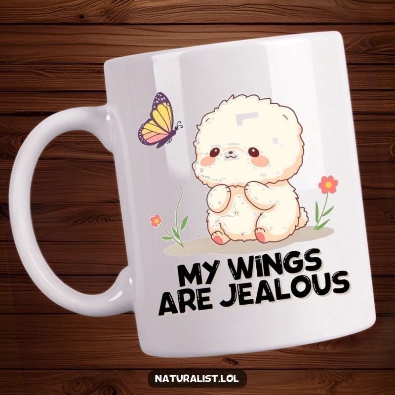 Funny mug with a fluffy creature watching a butterfly, full of innocent wonder and delight, a hilarious gift for any occasion.