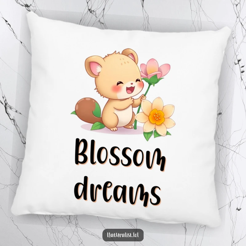 Funny pillow featuring an energetic creature joyfully examining a vibrant flower, bringing comfort and cheerful vibes, a delightful funny gift.