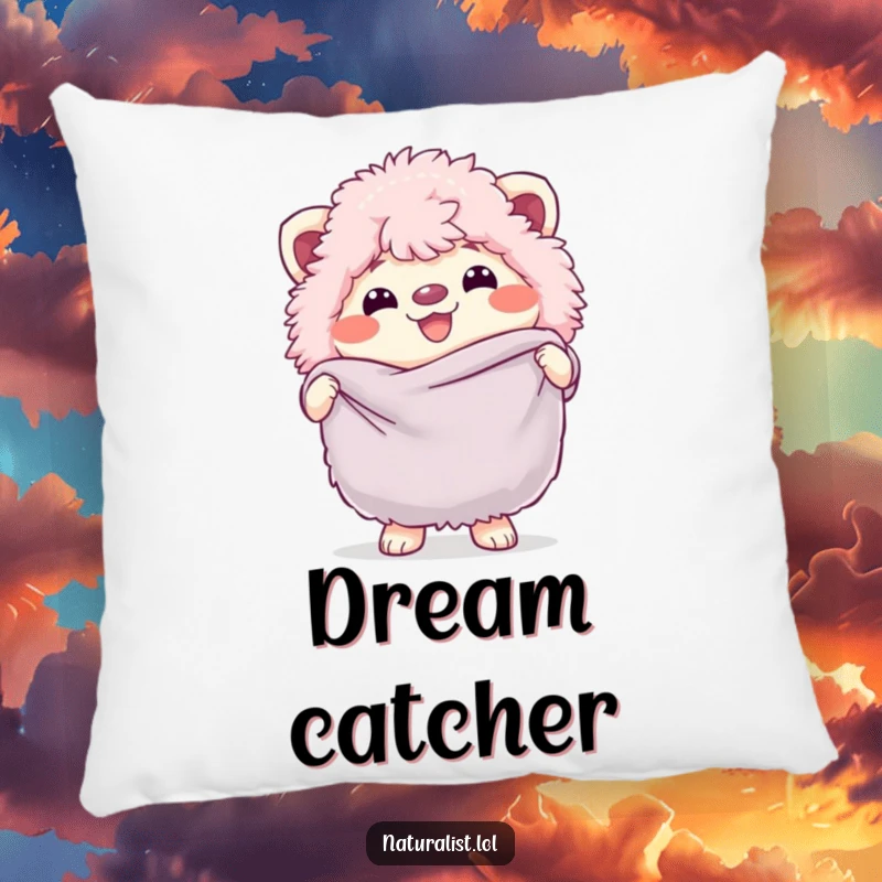 Funny pillow featuring a grinning fluffy creature holding a butterfly net, bringing playful vibes and comfort, a charming funny gift.