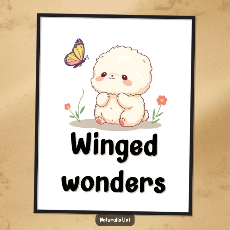 Funny digital art print of a fluffy creature joyfully observing a butterfly, full of wonder and charm, a delightful funny gift.