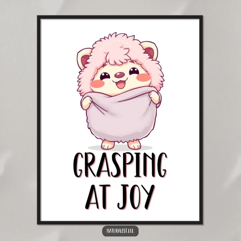 Funny digital art print of a fluffy creature grinning while holding a butterfly net, radiating playful energy, a delightful funny gift.