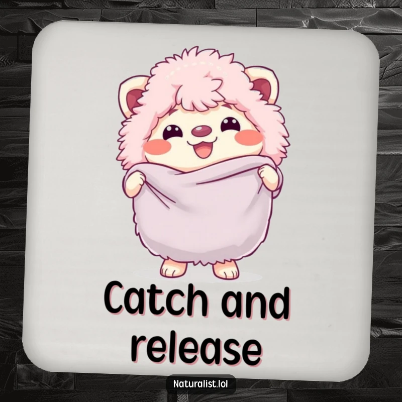 Funny coaster set with a grinning fluffy creature holding a butterfly net, adding playful charm to any table, a delightful funny gift.