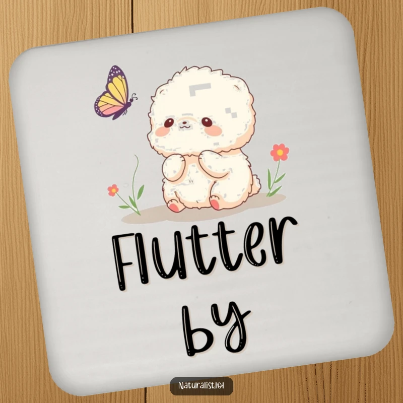 Funny coaster set with a fluffy creature admiring a butterfly, adding whimsy to any table setting, a practical funny gift.
