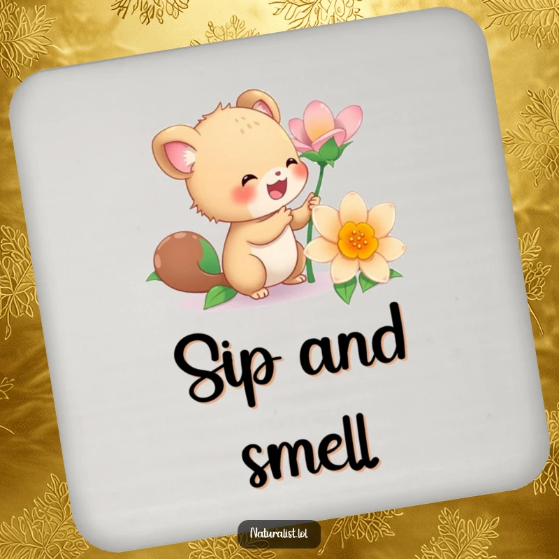 Funny coaster set with an energetic creature joyfully examining a flower, adding vibrant charm to any table, a delightful funny gift.