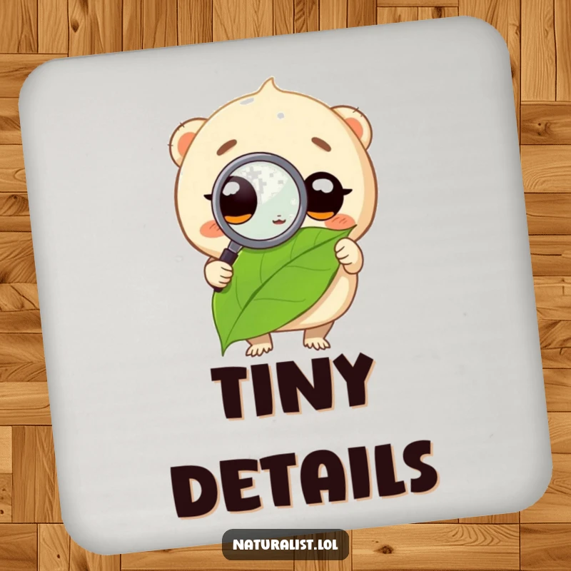 Funny coaster set with a creature using a magnifying glass on a leaf, adding a humorous and detailed touch to any table, a thoughtful funny gift.