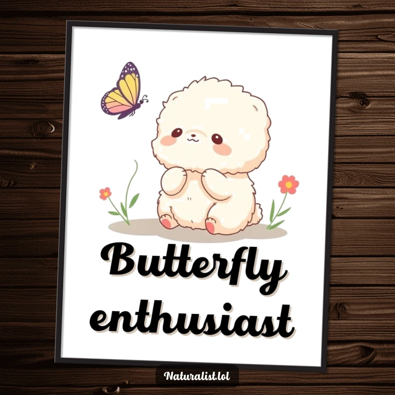 Funny poster illustrating a fluffy creature with wide eyes observing a butterfly, capturing a moment of pure bliss, a humorous art gift.