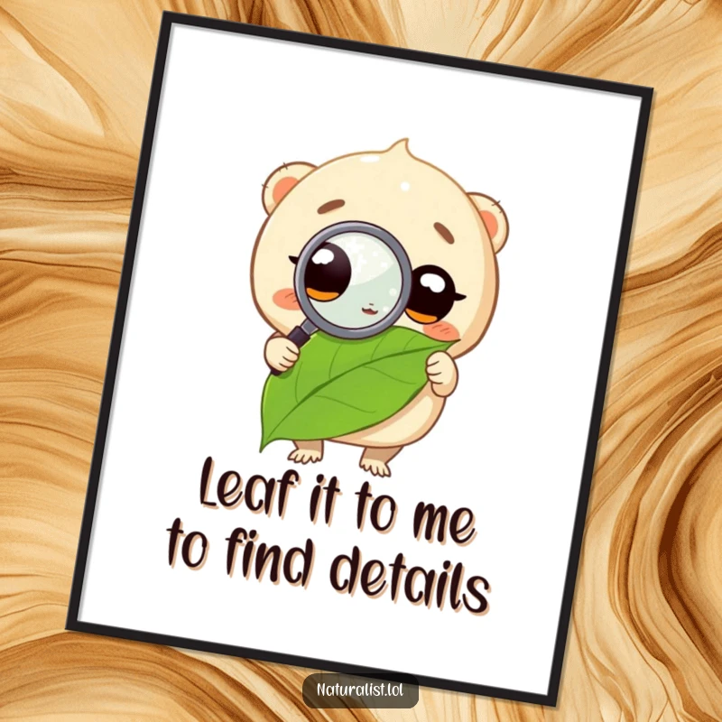 Funny Free Printable Wall Art of a round creature looking through a magnifying glass at a leaf, great for downloadable decor.