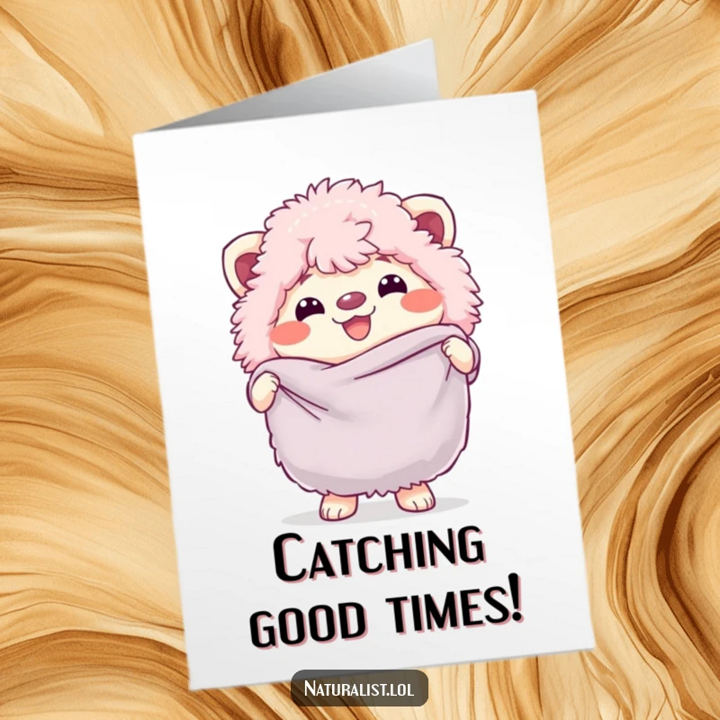 Funny Free Printable Birthday Card with a fluffy creature grinning and holding a butterfly net, perfect for a cheerful DIY.