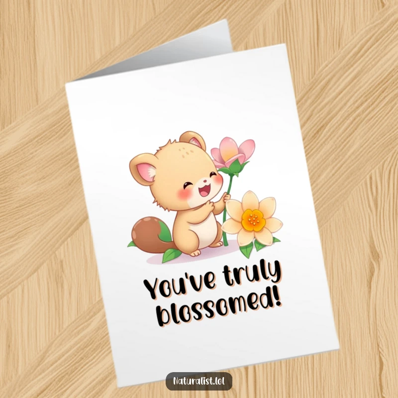 Funny Free Printable Congratulations Card of an energetic creature joyfully examining a flower, an uplifting downloadable.