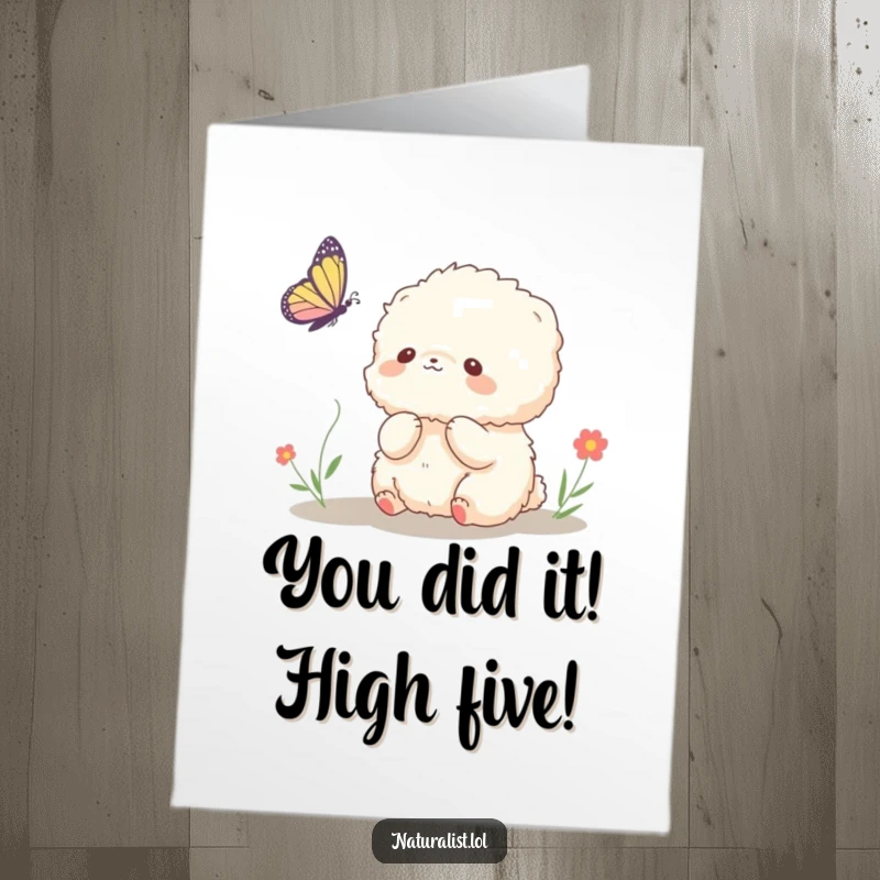 Funny Free Printable Congratulations Card with a fluffy creature observing a butterfly, ideal for a unique downloadable greeting.