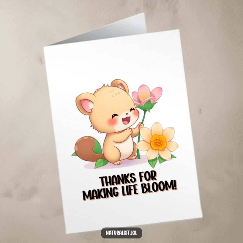 Funny Free Printable Thank You Card showing an energetic creature looking at a vibrant flower, a delightful DIY.