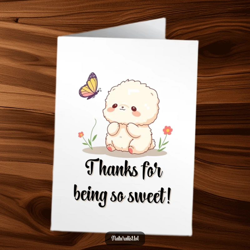 Funny Free Printable Thank You Card depicting a fluffy creature watching a butterfly, a delightful DIY appreciation gesture.