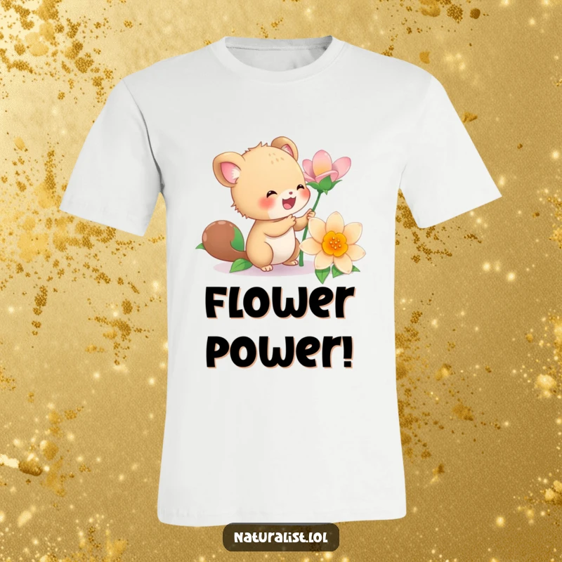 Funny t-shirt depicting an energetic creature joyfully exploring a blooming flower, radiating happiness and vitality, a great funny gift.