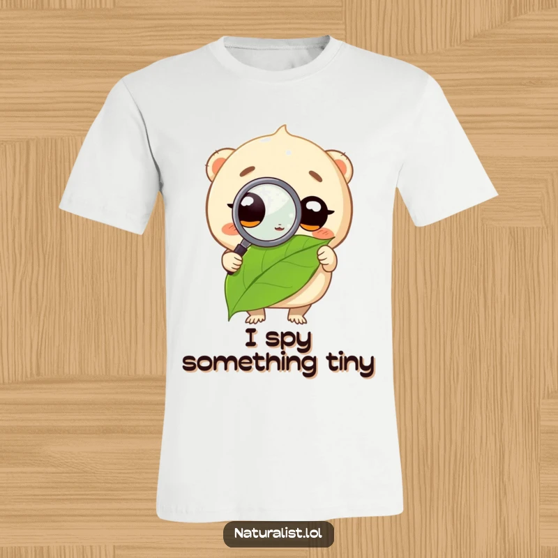 Funny t-shirt featuring a wide-eyed creature examining a leaf with a magnifying glass, highlighting a humorous quest for knowledge.
