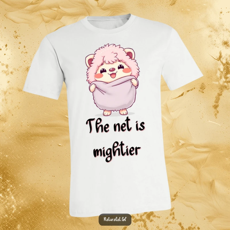Funny t-shirt depicting a fluffy creature with a huge grin holding a butterfly net, ready for action, a joyful funny gift.