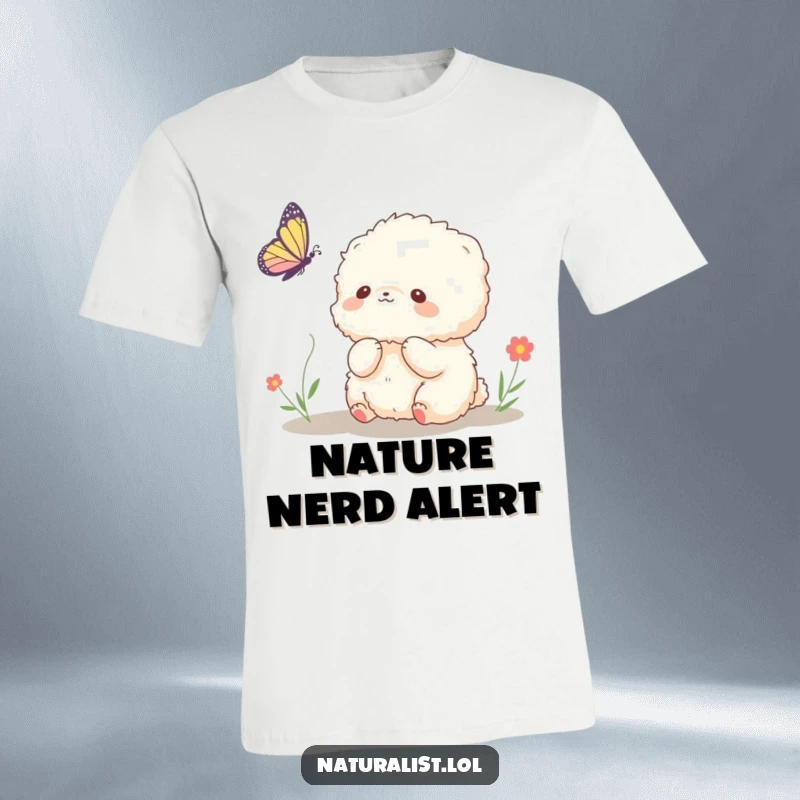 Funny t-shirt depicting a fluffy creature mesmerized by a delicate butterfly, showcasing pure joy and curiosity, a great funny gift.