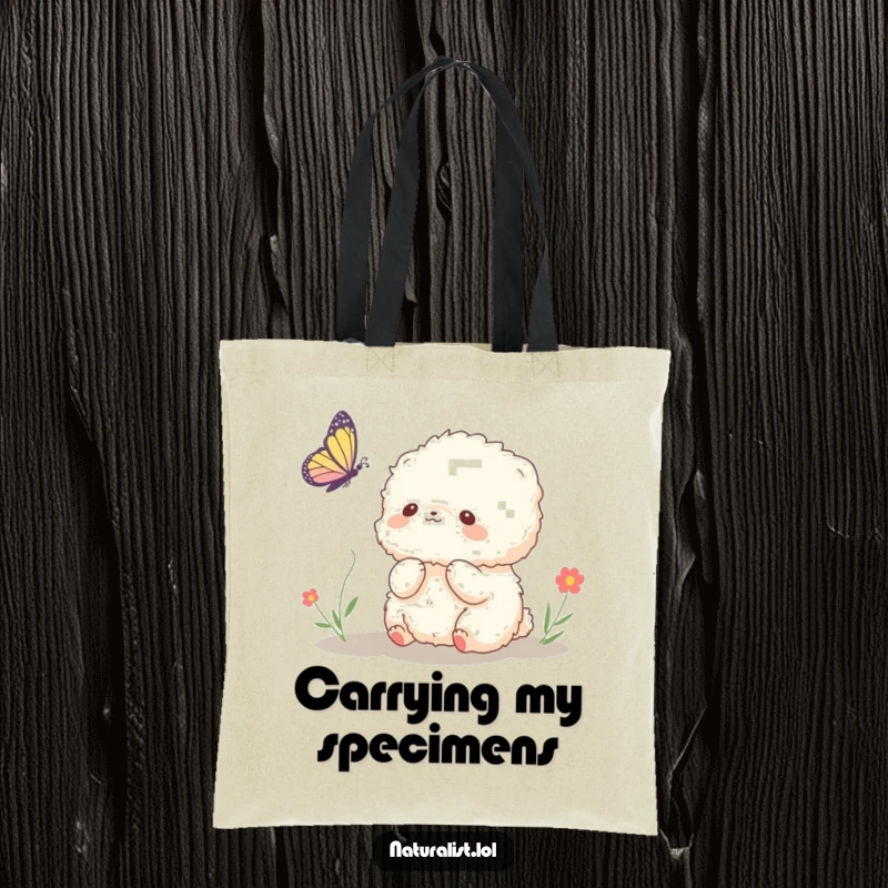 Funny tote bag with a fluffy creature gazing at a butterfly, radiating happiness and curiosity, a functional and funny gift.